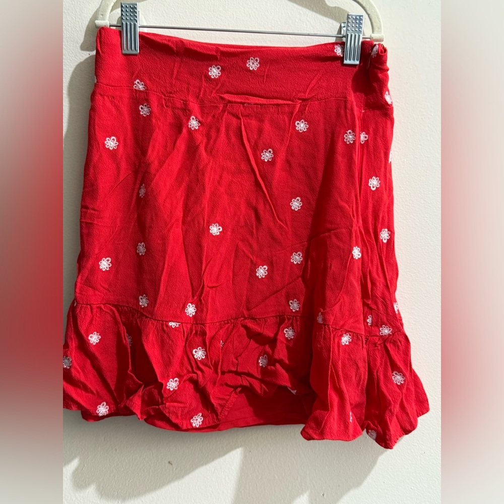 For Love & Lemons Bright Red Mini Skirt with White Floral Embroidery